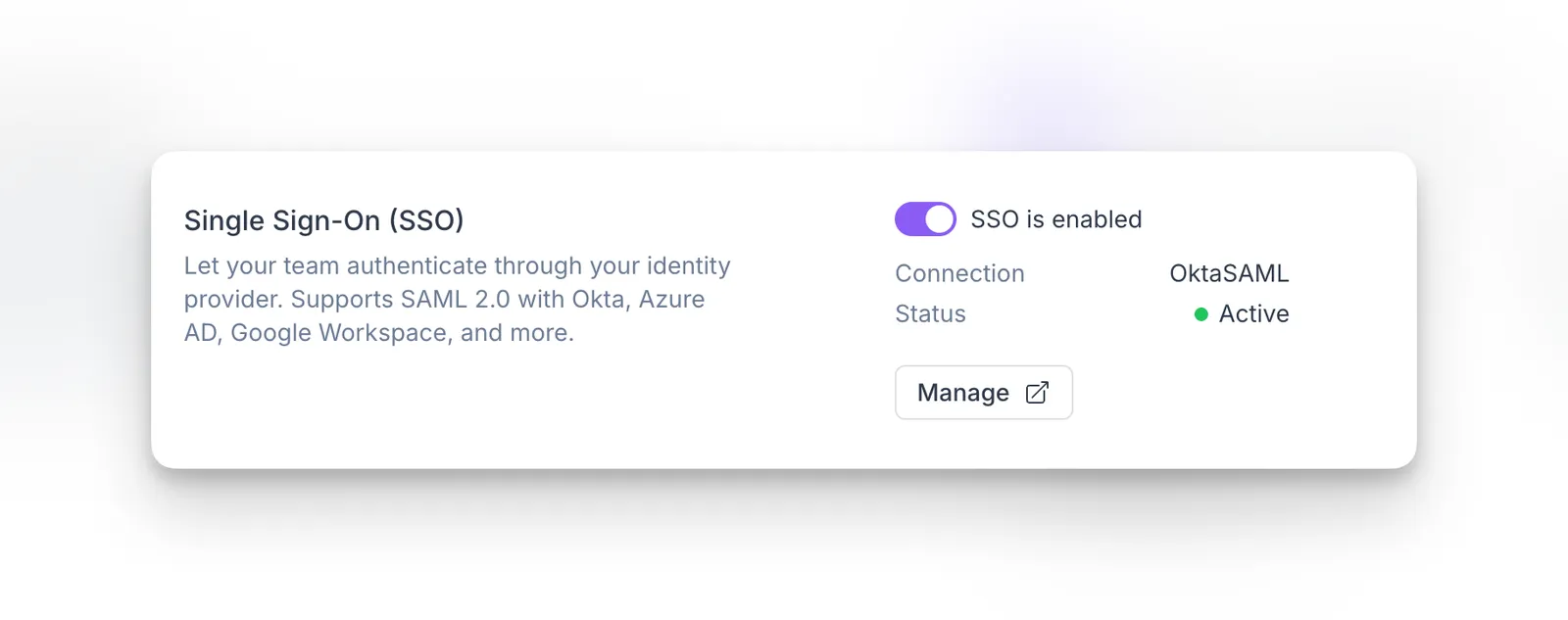 SSO enabled and active connection status