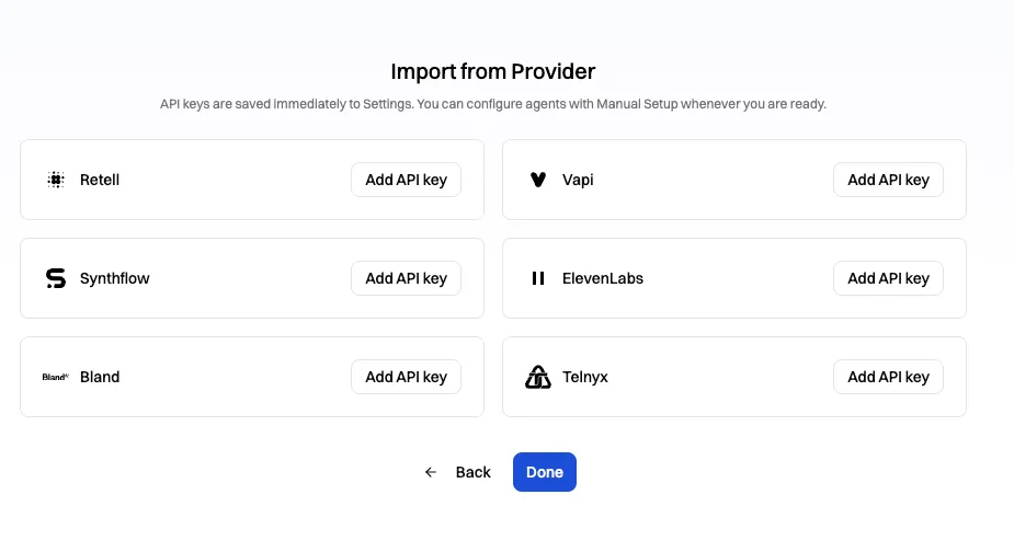 Hamming Import from Provider screen with a Synthflow card