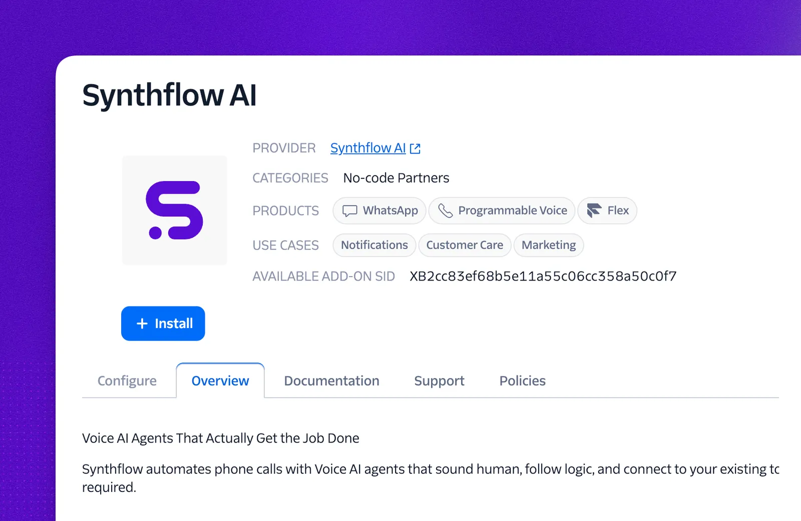 Synthflow AI listing in the Twilio Marketplace, with product tags for WhatsApp, Programmable Voice, and Flex, plus an Install button