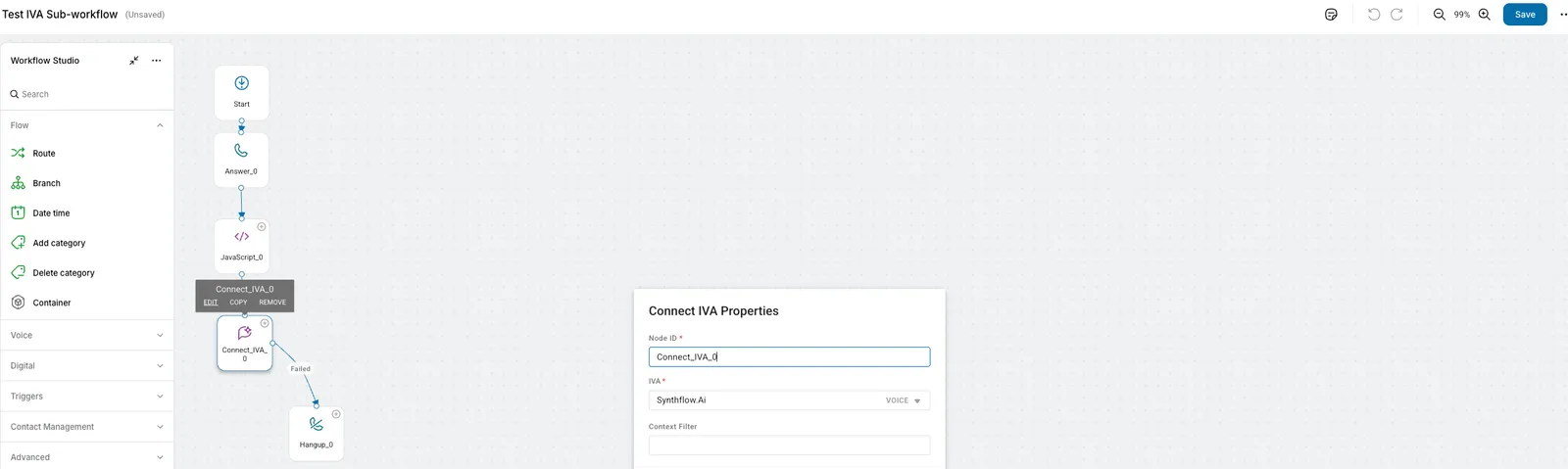 Connect IVA Properties panel showing the Synthflow integration and Context Filter field