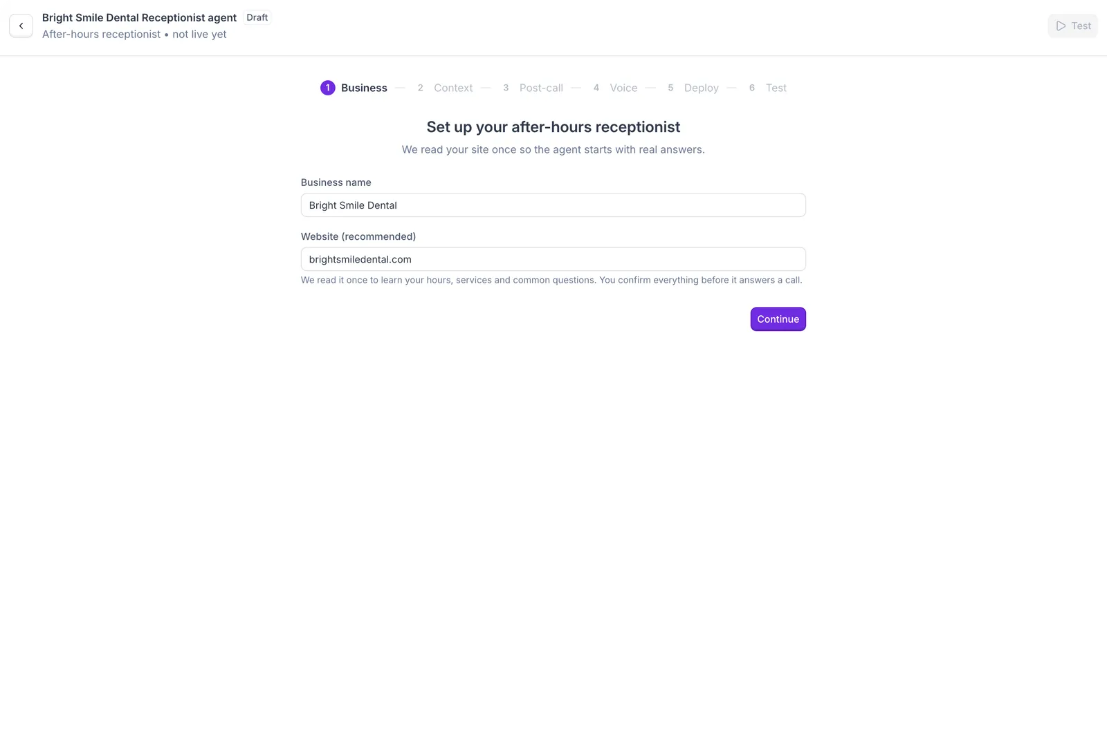 Business step: business name and website
