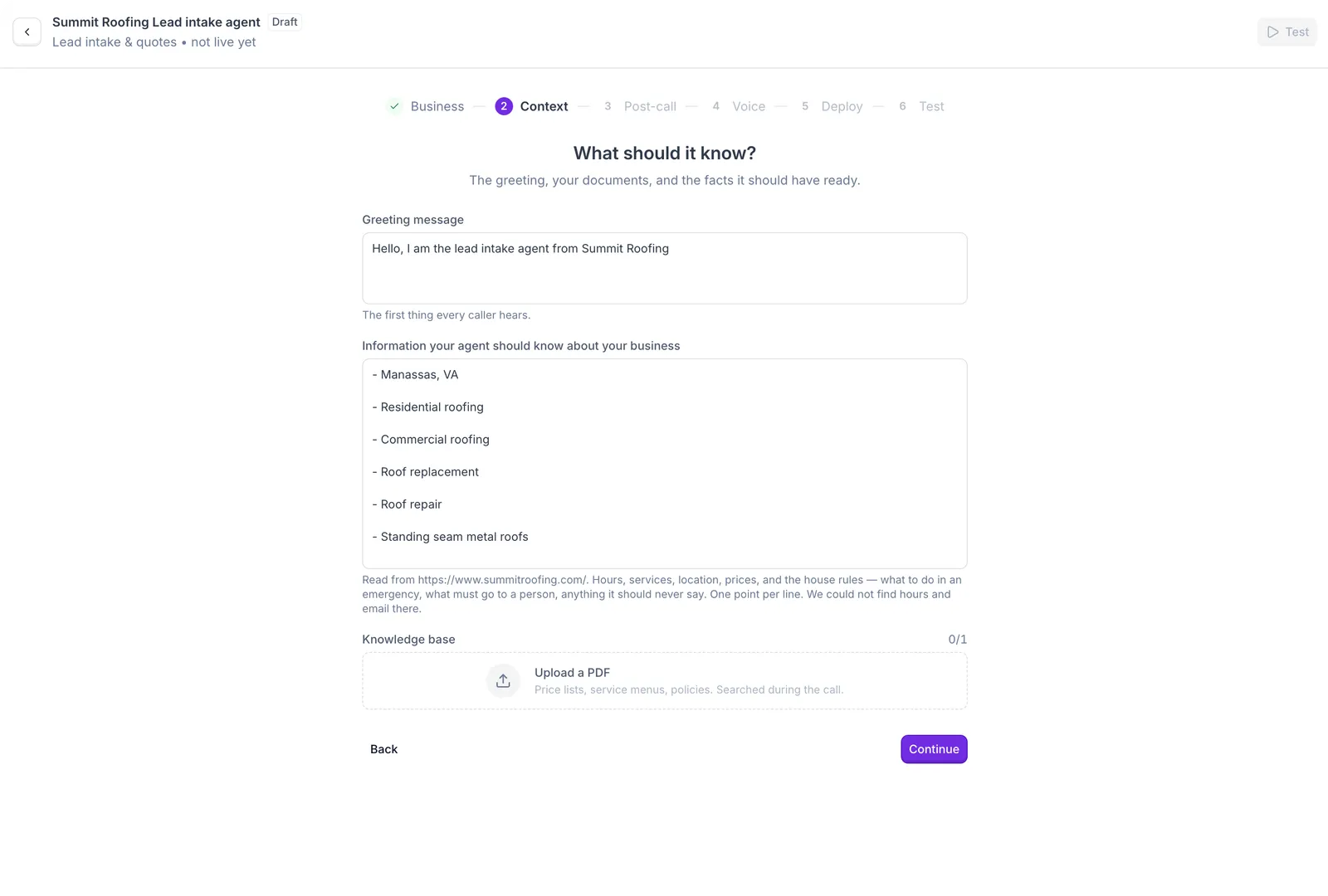 Context step: greeting message, business information, and knowledge base