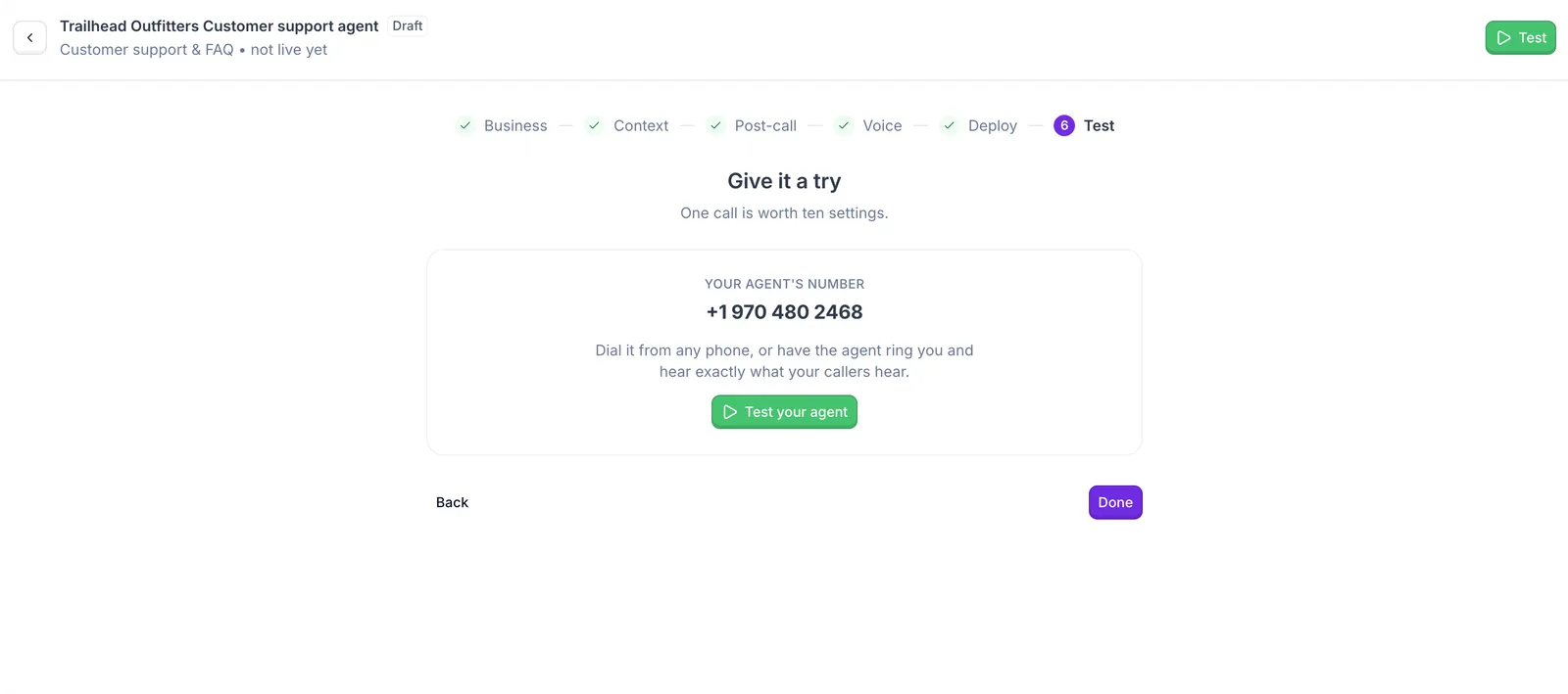 Test step: your agent's number and the Test your agent button