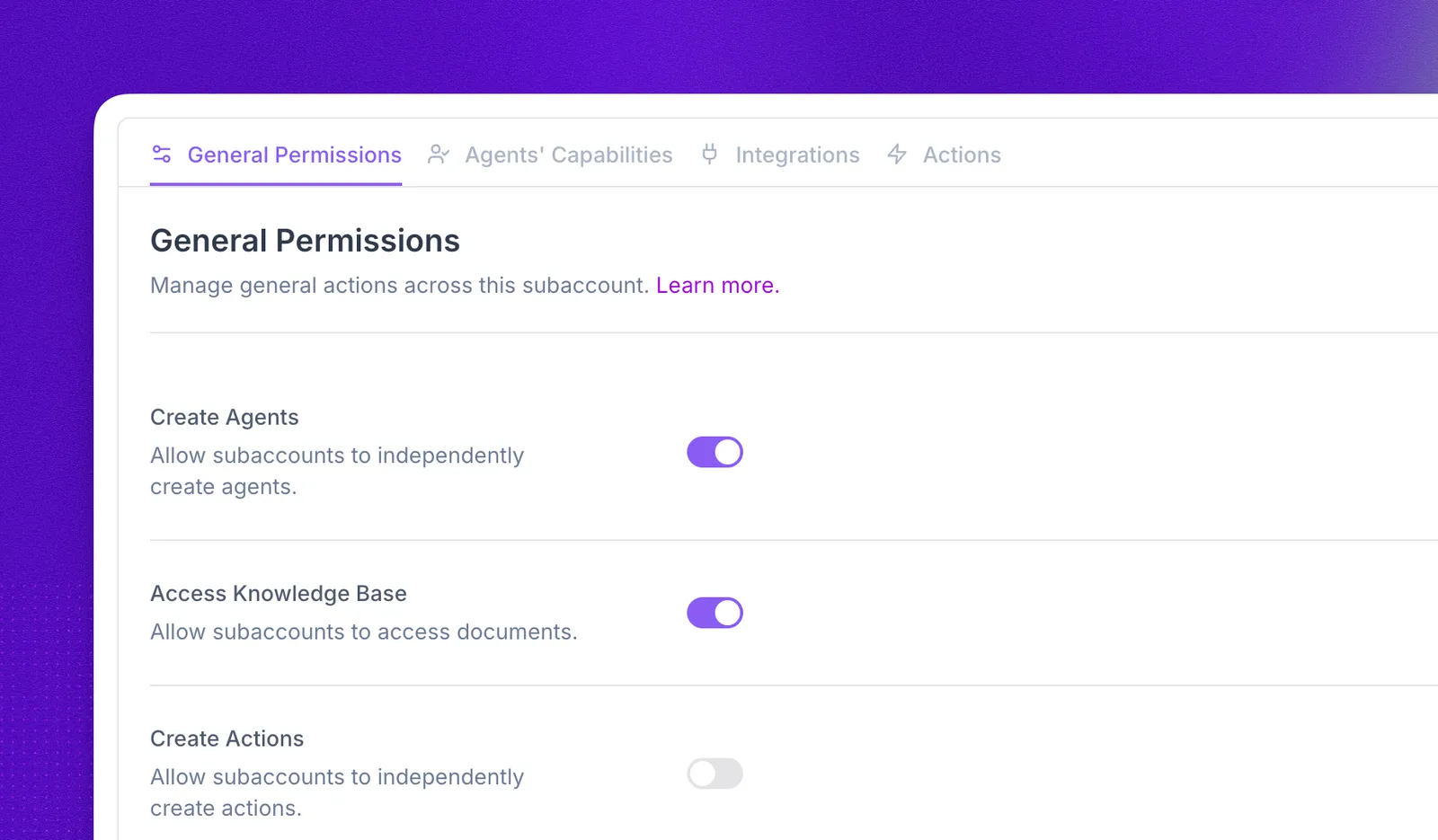 Subaccount permissions tabs