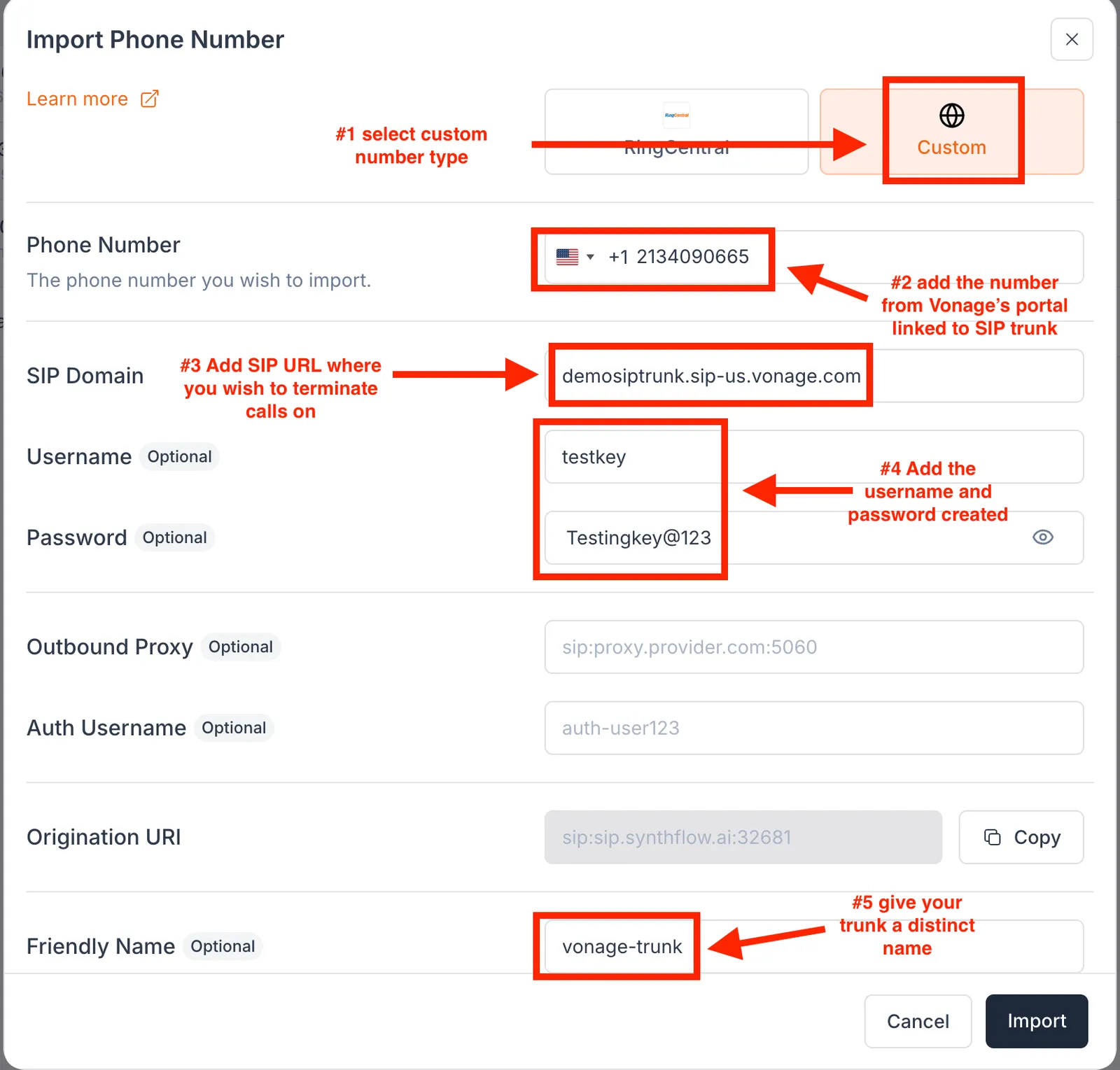 Synthflow import phone number form filled in with Vonage SIP trunk details