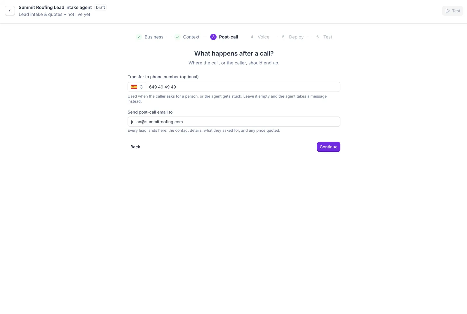 Post-call step: transfer number and post-call email address