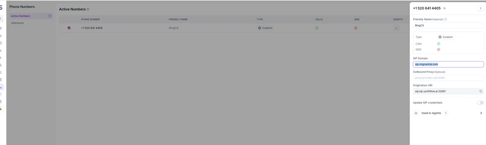 Synthflow Phone Numbers page showing the imported RingCX number with SIP Domain and Origination URI