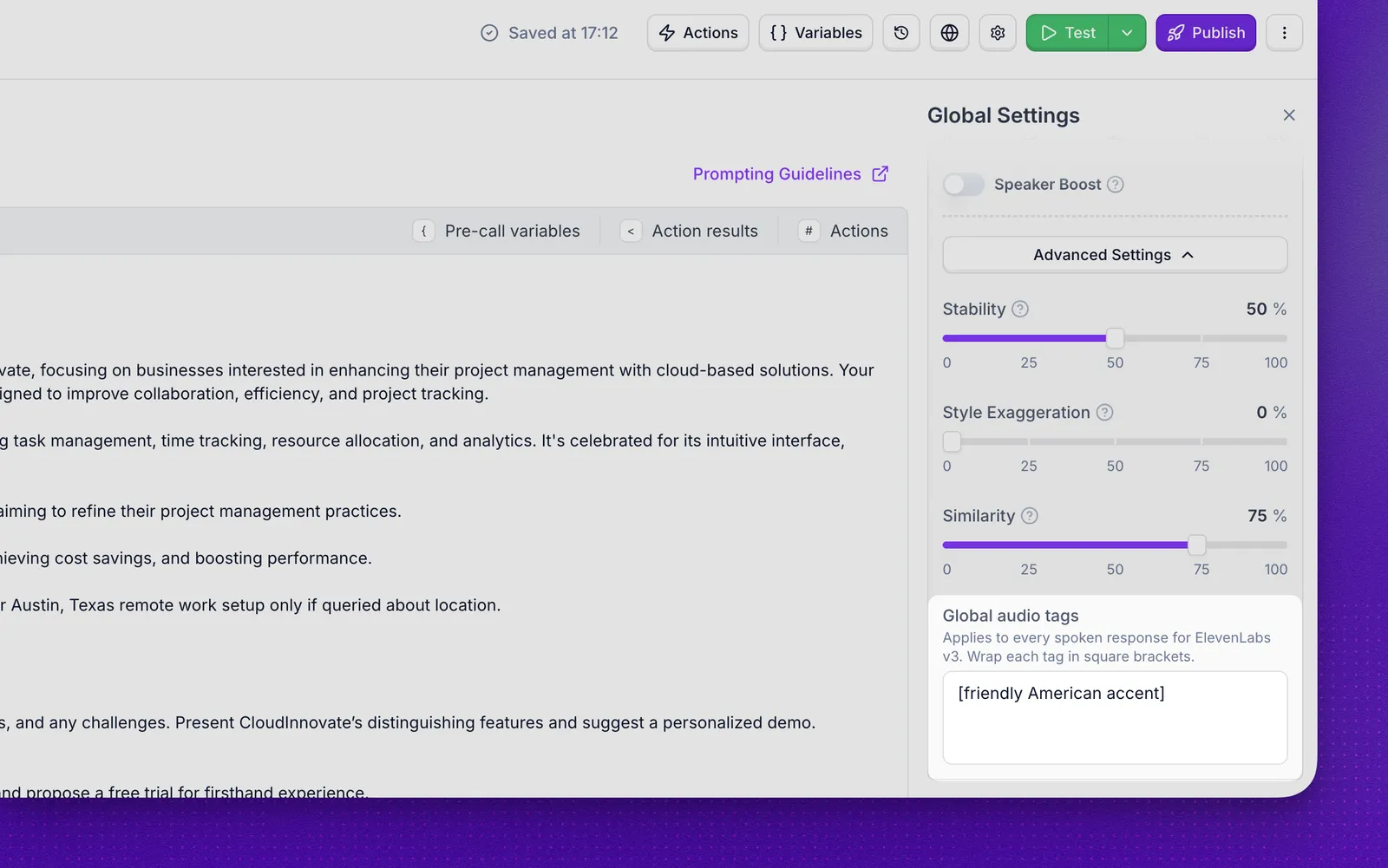 Global Audio Tags field in the agent editor Voice settings