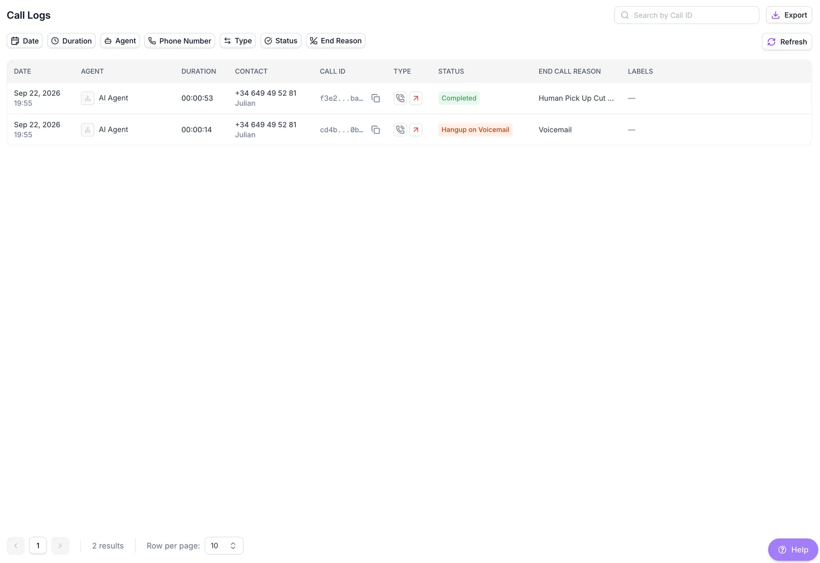 Call Logs page listing recent calls with their date, duration, and status