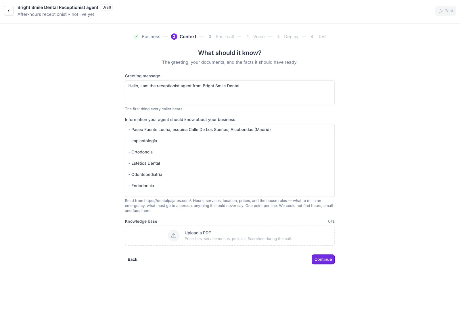 Context step: greeting message, business information, and knowledge base