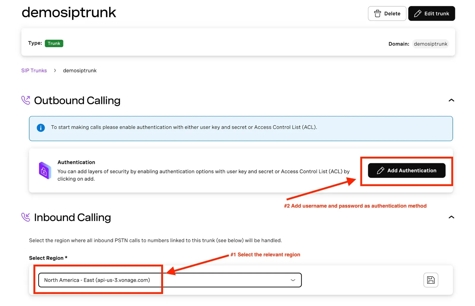 Vonage trunk Authentication section with User Key and Secret fields