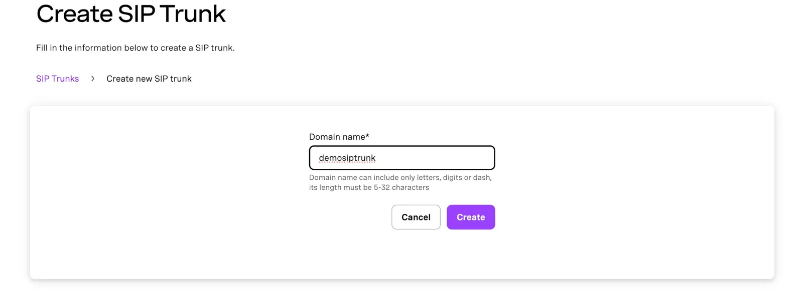 Vonage Create SIP trunk form with the domain name field