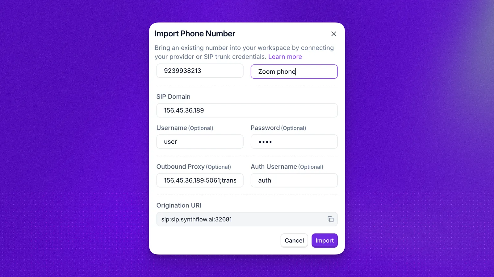 Synthflow Import Phone Number dialog showing the Origination URI
