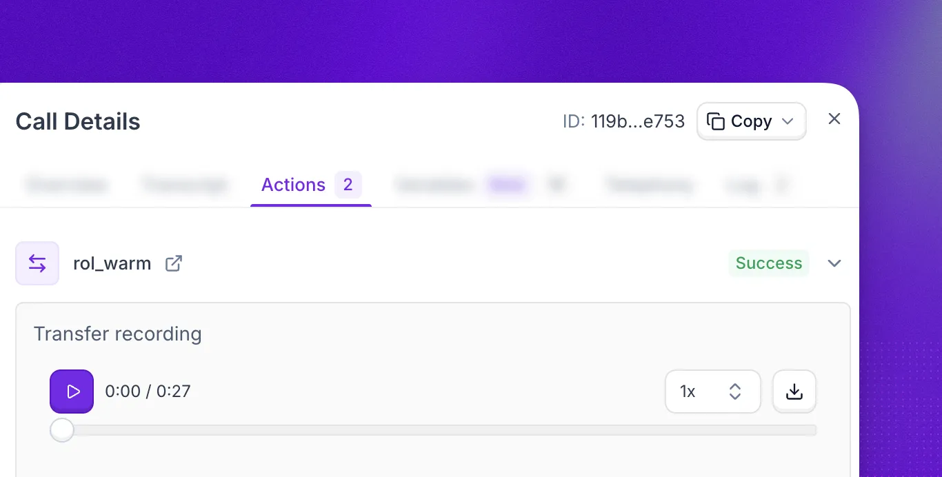 Actions tab of Call Details with a warm transfer action marked Success, showing a Transfer recording player with playback speed and download buttons