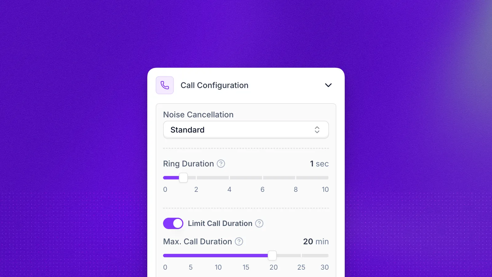 Call Configuration panel in the agent editor showing Noise Cancellation, Ring Duration, Limit Call Duration, Leave a Voicemail, and the Advanced Settings section