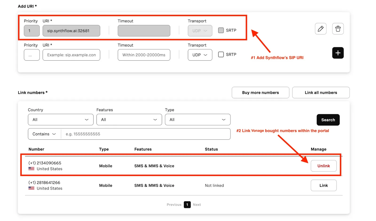 Vonage trunk Add URI and Link numbers sections