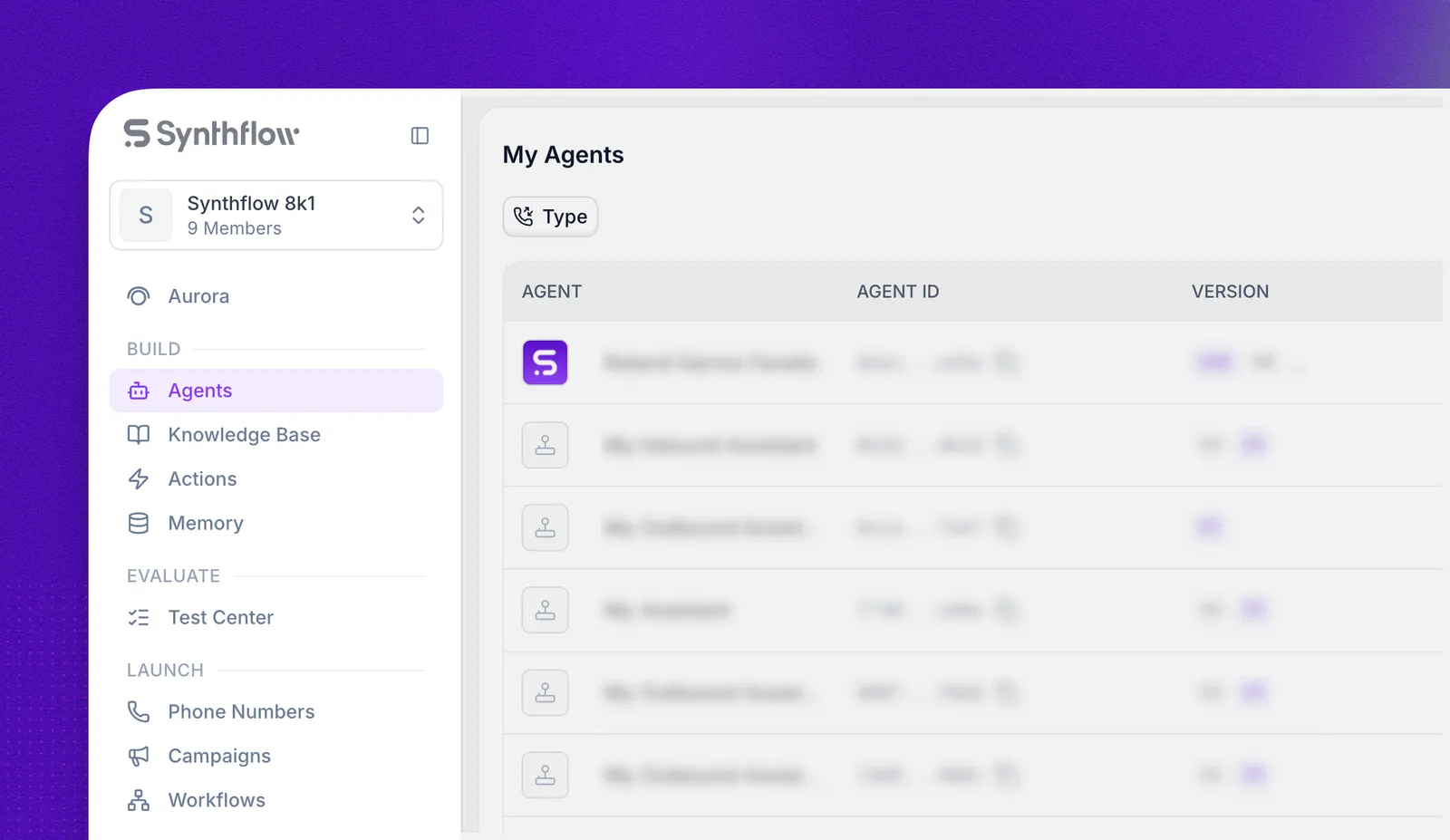 Synthflow sidebar with Agents, Knowledge Base, Actions and Memory under Build, Test Center under Evaluate, and Phone Numbers, Campaigns and Workflows under Launch