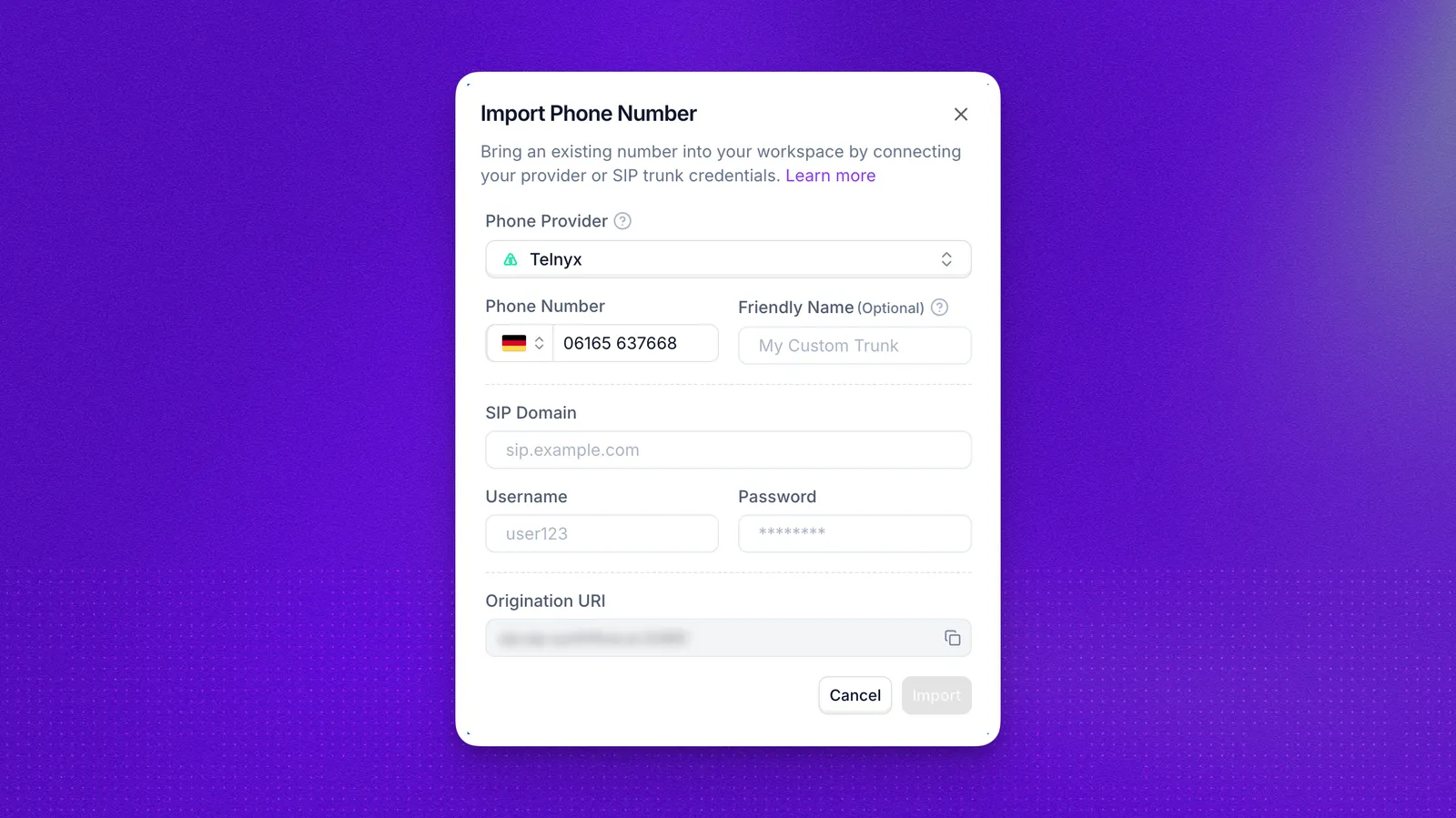 Modal showing the import custom number setup