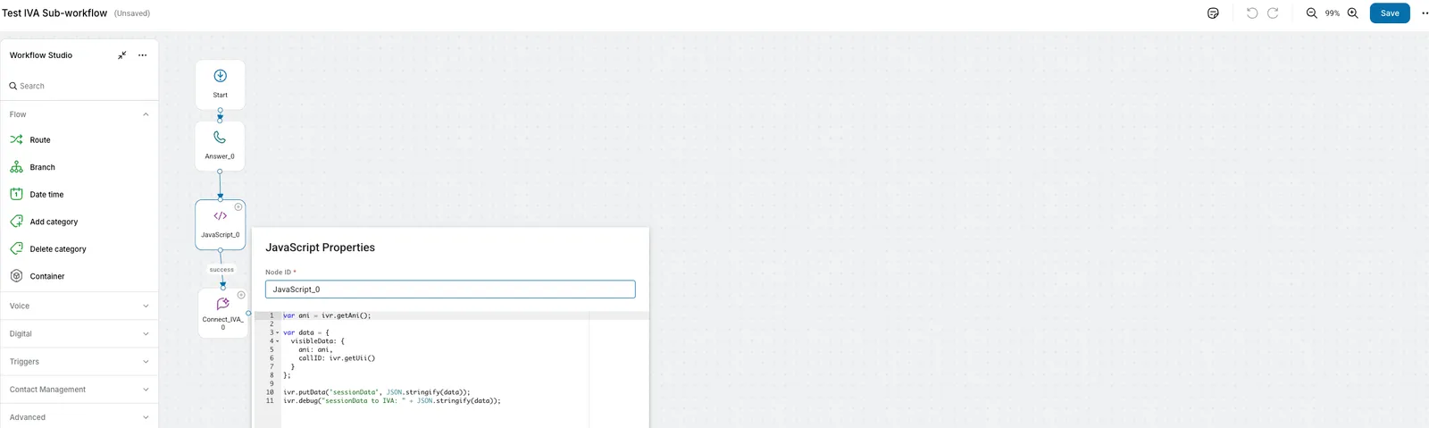 Workflow Studio with JavaScript Properties panel open showing sessionData code
