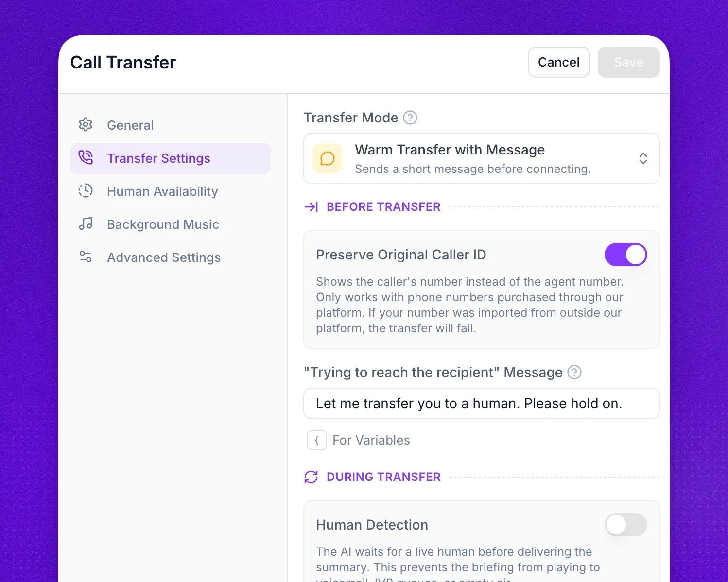 Transfer settings