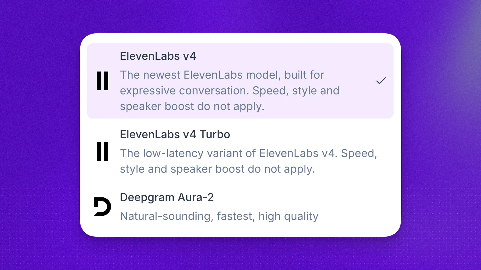 Voice Model dropdown with ElevenLabs v4 selected, above ElevenLabs v4 Turbo and Deepgram Aura-2