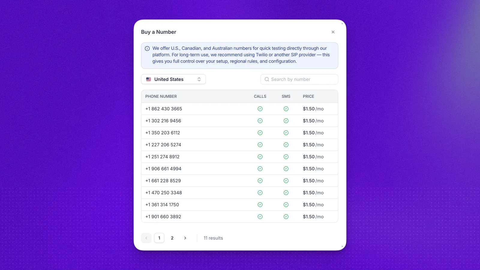 Modal showing the list of available numbers to purchase