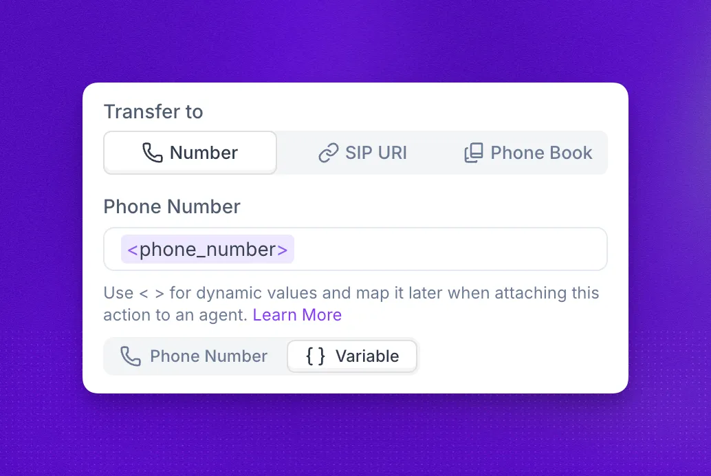 Dynamic transfer using a variable as the destination in the call transfer action