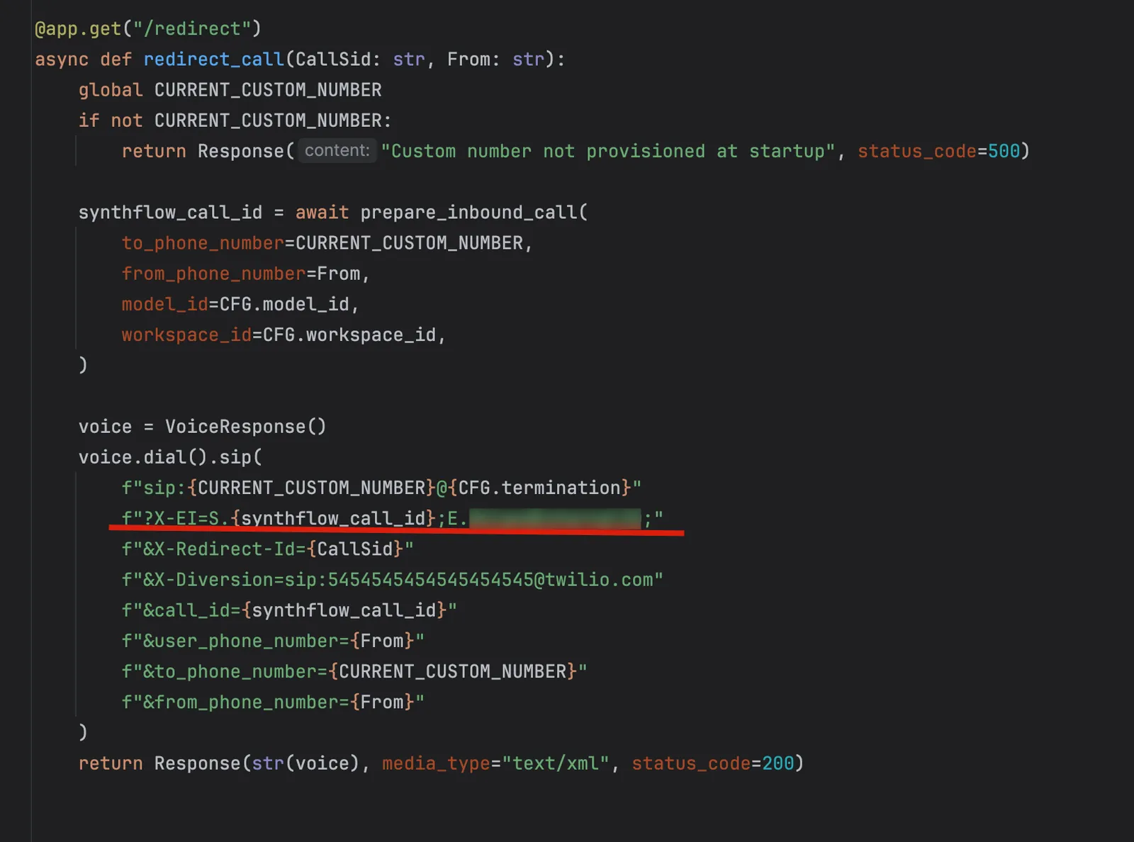 Twilio Dial SIP configuration passing an X-EI header with an external ID