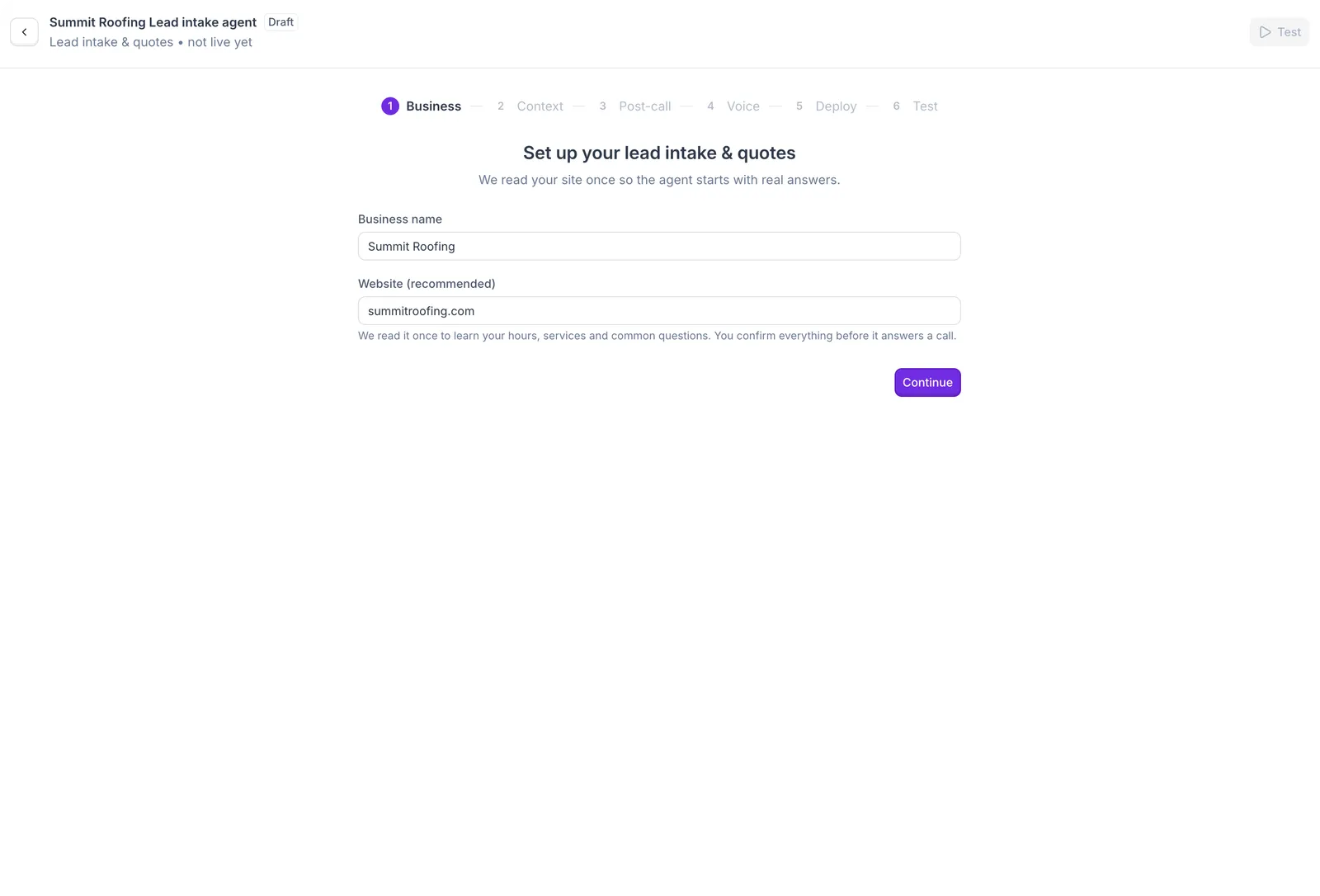Business step: business name and website