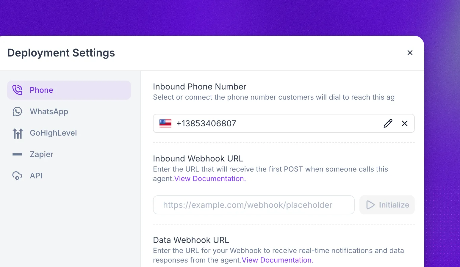 Deployment settings with phone, GoHighLevel, Zapier, and API options