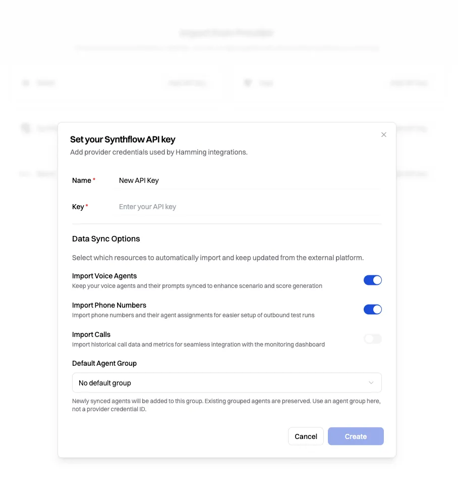 Set your Synthflow API key dialog in Hamming with data sync options