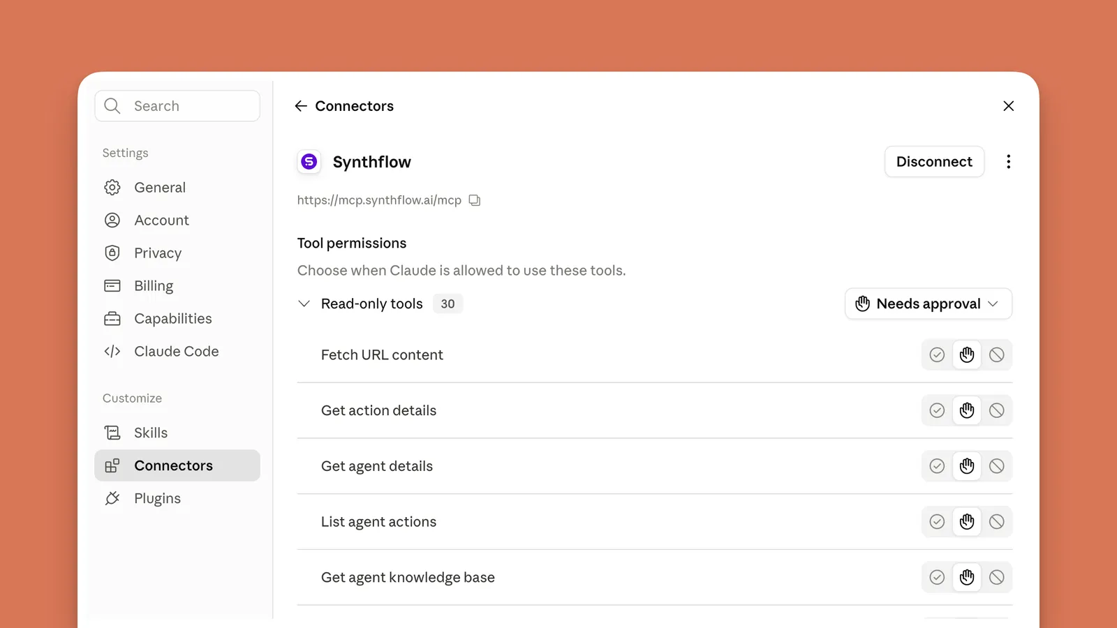 Synthflow tool permissions in the Claude connector