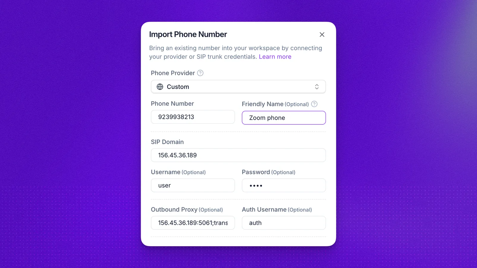 Synthflow Import Phone Number dialog with Zoom details