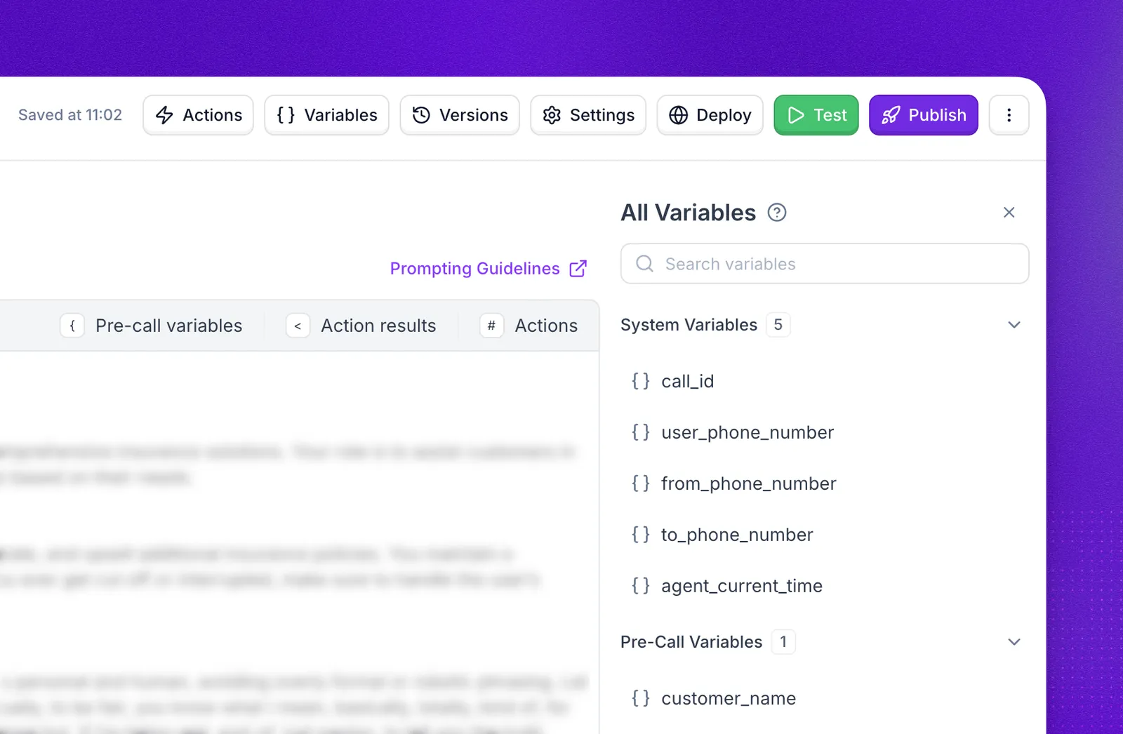 All Variables drawer open from the Variables button in the agent editor header, listing system variables and pre-call variables