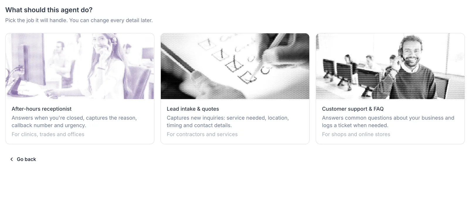 Template picker: after-hours receptionist, lead intake and quotes, and customer support and FAQ