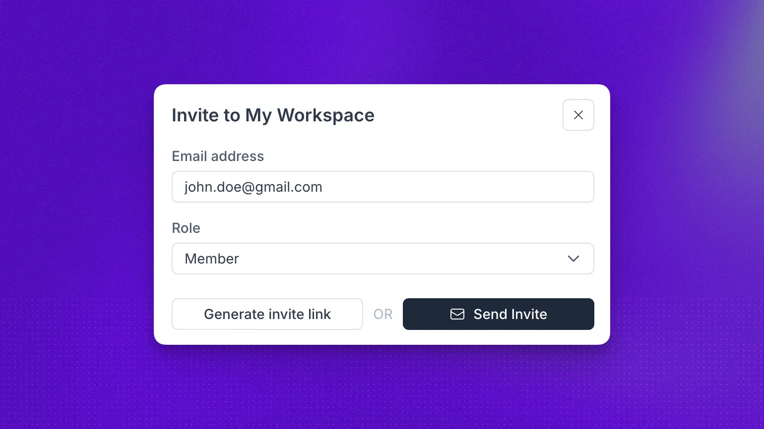 User invitation modal